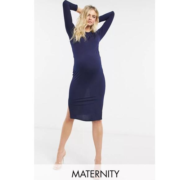 NEW Flounce (ASOS) SIZE 12 MATERNITY Navy Blue Jersey Long Sleeve Dress Pockets - Picture 1 of 10